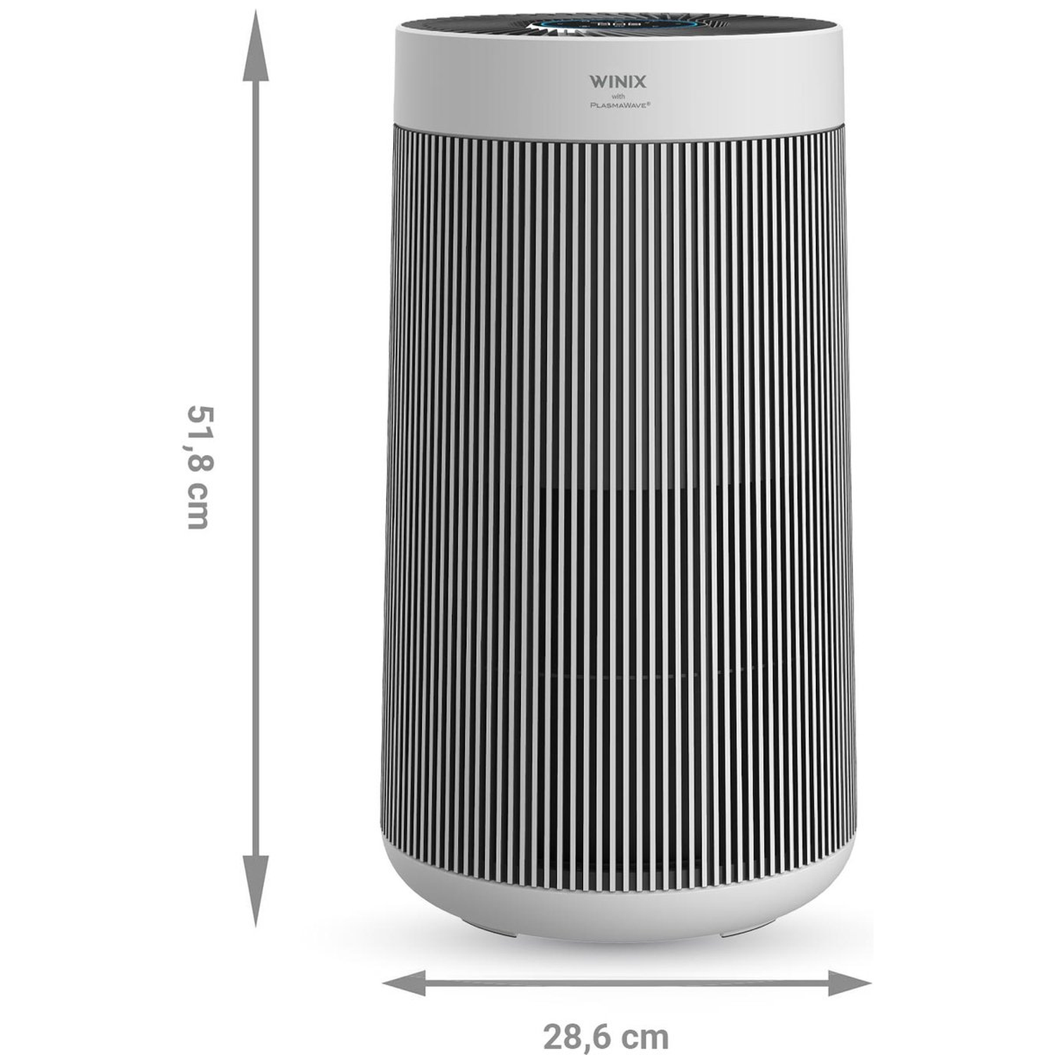 A white air purifier with vertical black stripes. Dimensions: 51.8 cm height, 28.6 cm width.