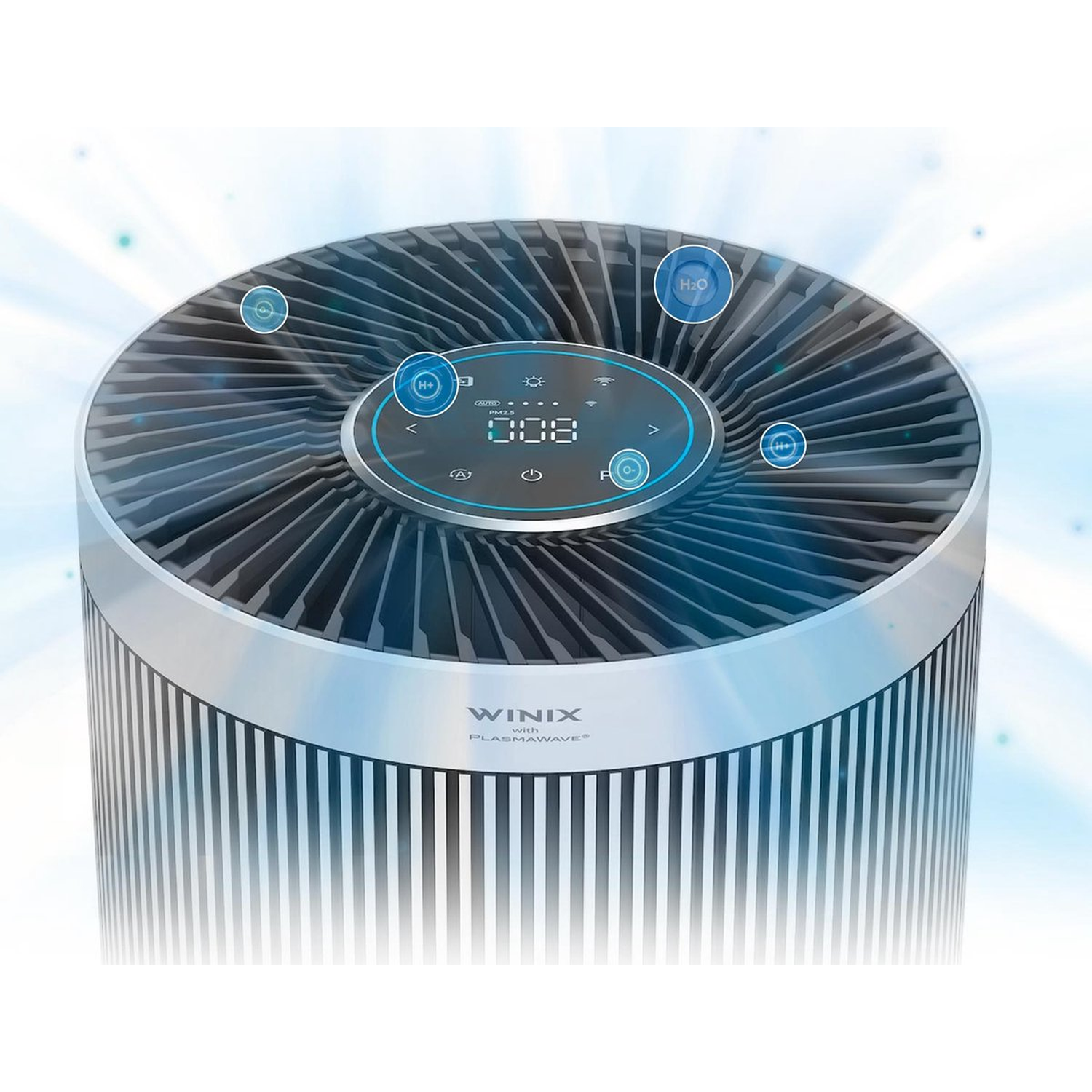 Silver air purifier with blue light accents and digital display. Top fan grill with icons.