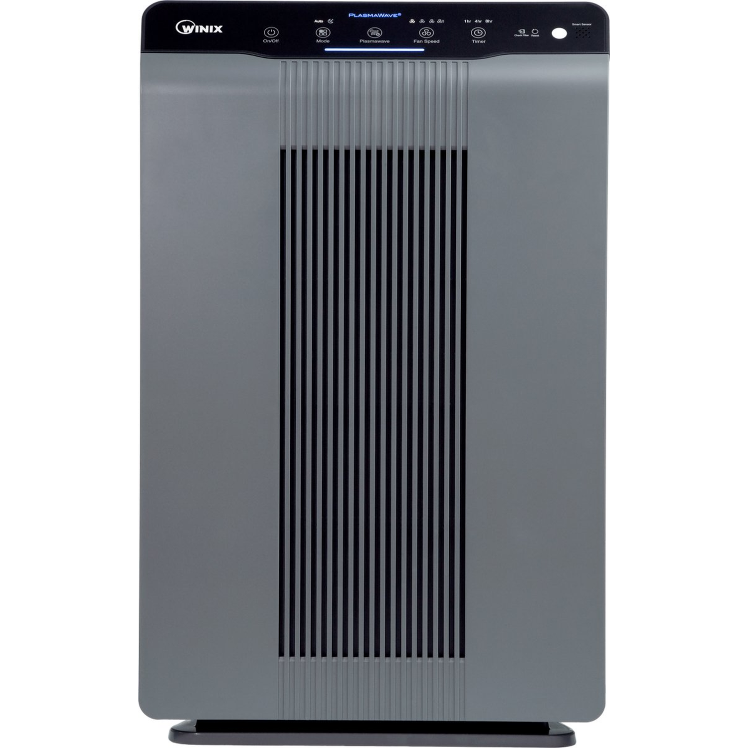 A gray air purifier with black vents and control panel.