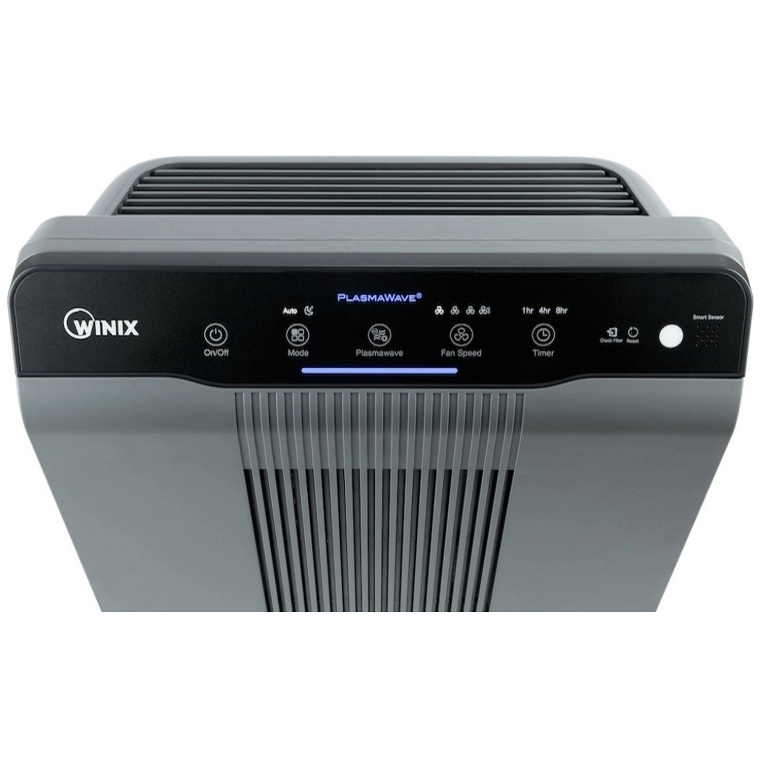 Gray Winix air purifier with PlasmaWave, On/Off, Mode, Fan Speed, Timer, and Smart Sensor.