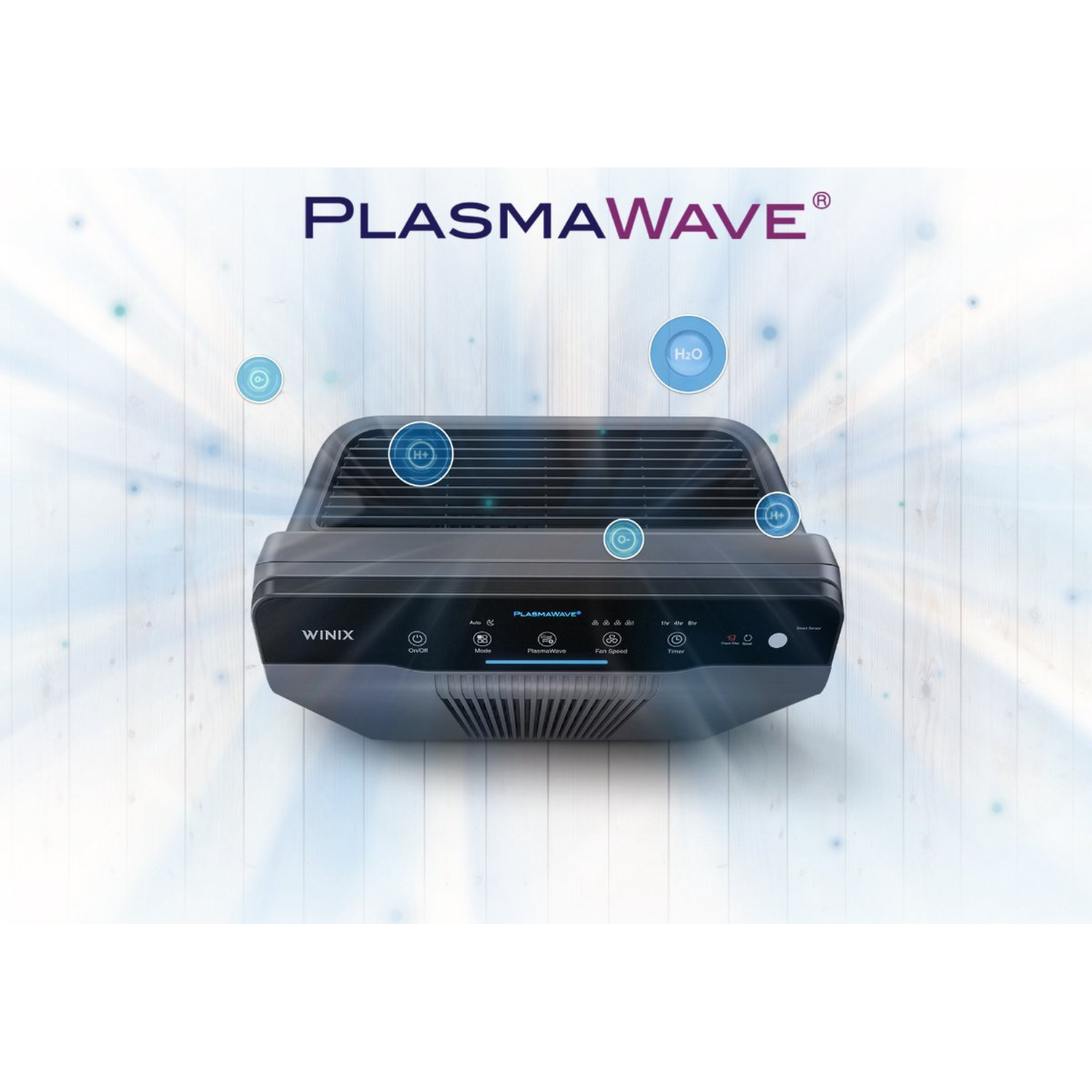 A black air purifier with PLASMAWAVE text and H2O and H+ symbols.