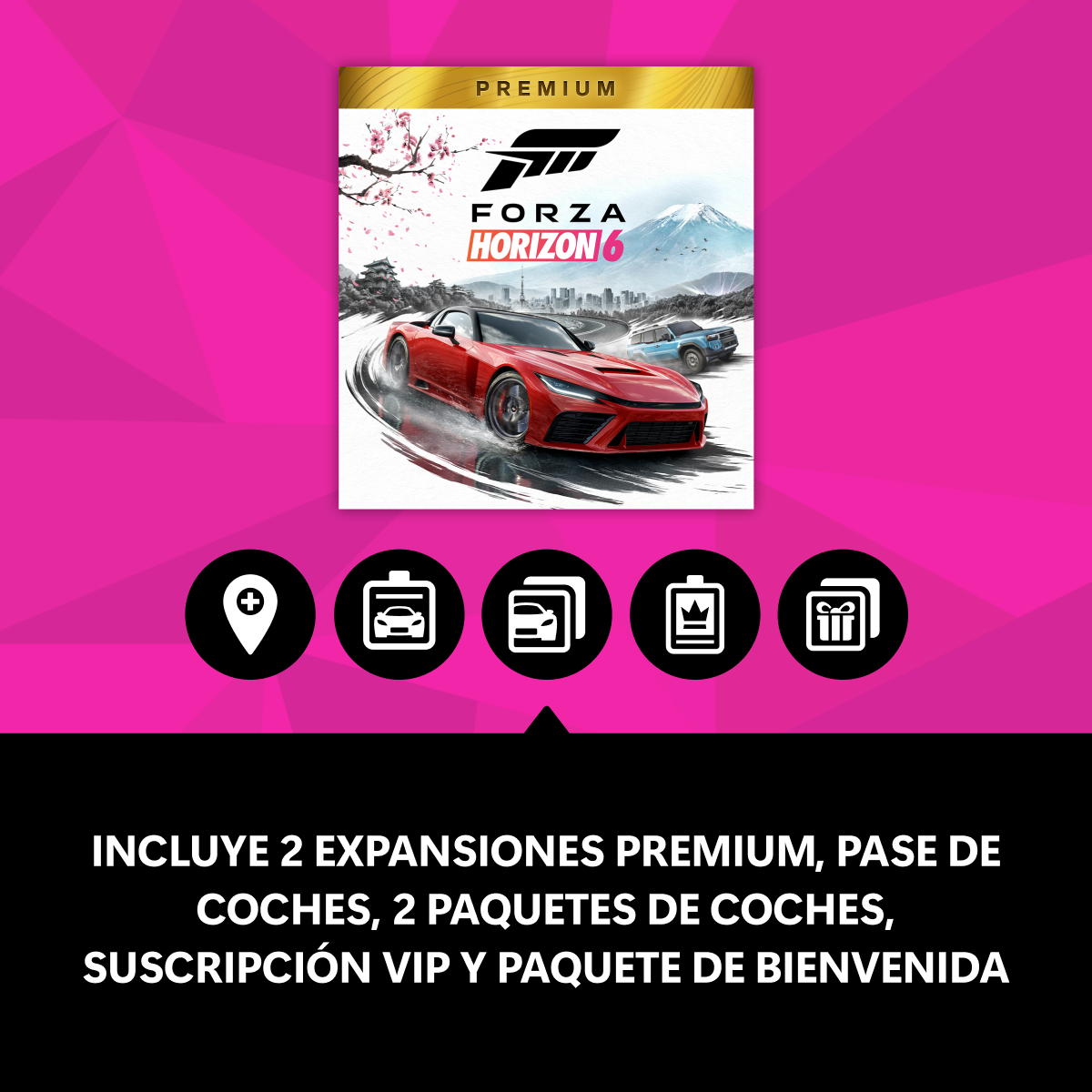 Portada de Forza Horizon 6 Edición Premium con coches e iconos, texto abajo.