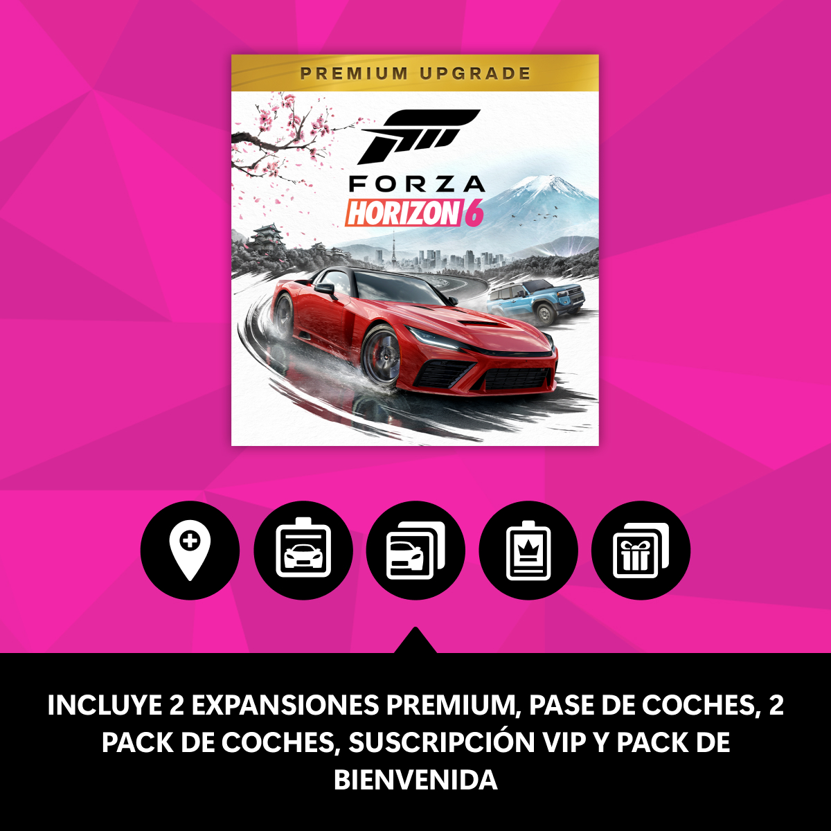 Forza Horizon 6 Premium Upgrade: Coche deportivo rojo corre en carretera mojada, montaña fondo.