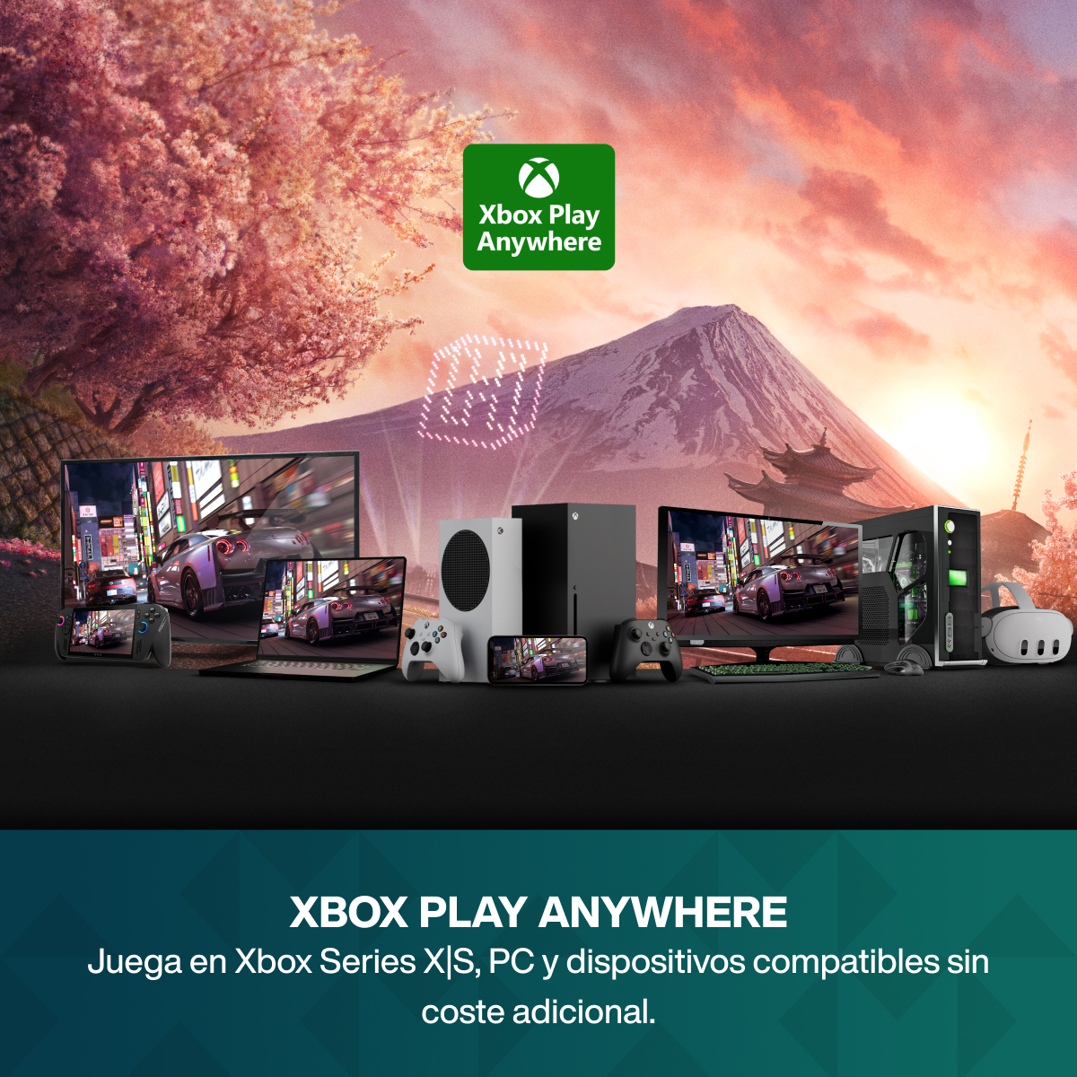 Dispositivos Xbox, PC y casco VR con fondo de montaña y cerezos.