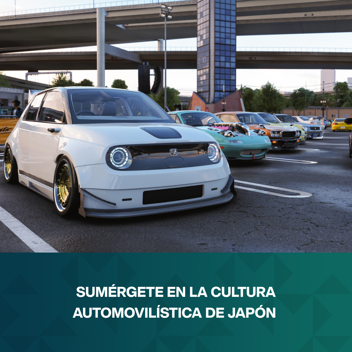 Un Honda E blanco aparcado, con una hilera de coches coloridos al lado.