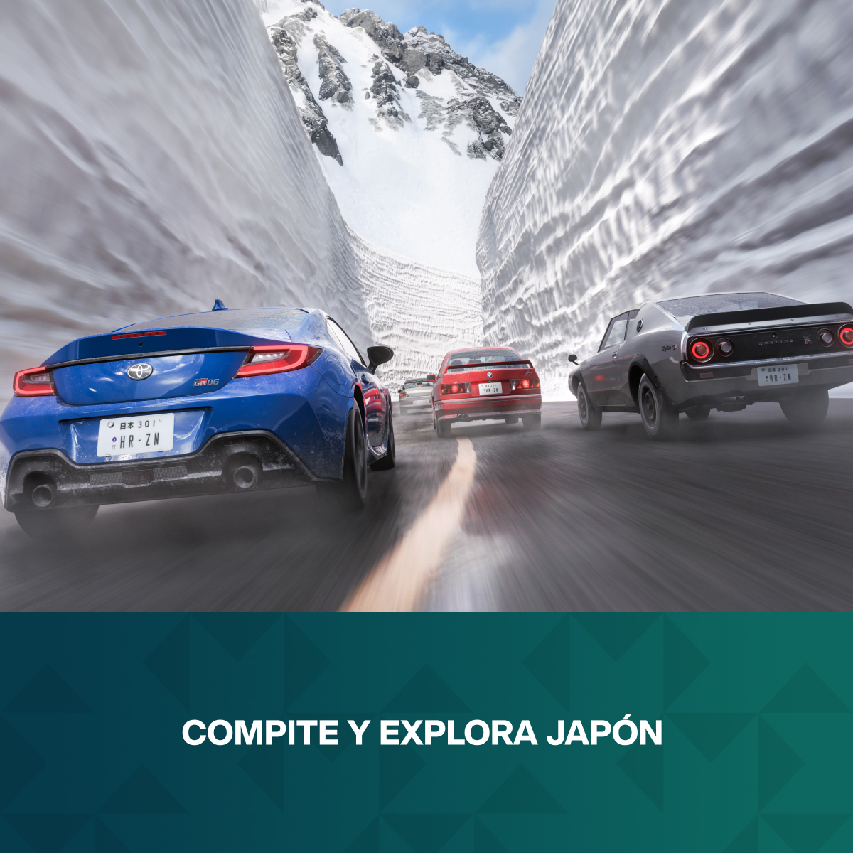 Varios coches compiten en una carretera nevada de montaña.