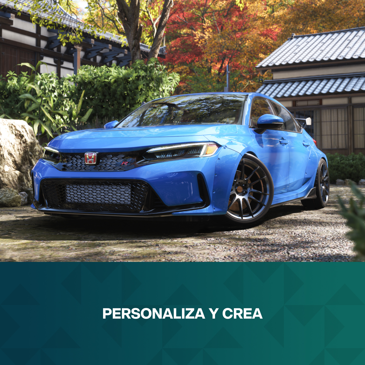 Coche deportivo azul aparcado en grava frente a casa japonesa con hojas de otoño.