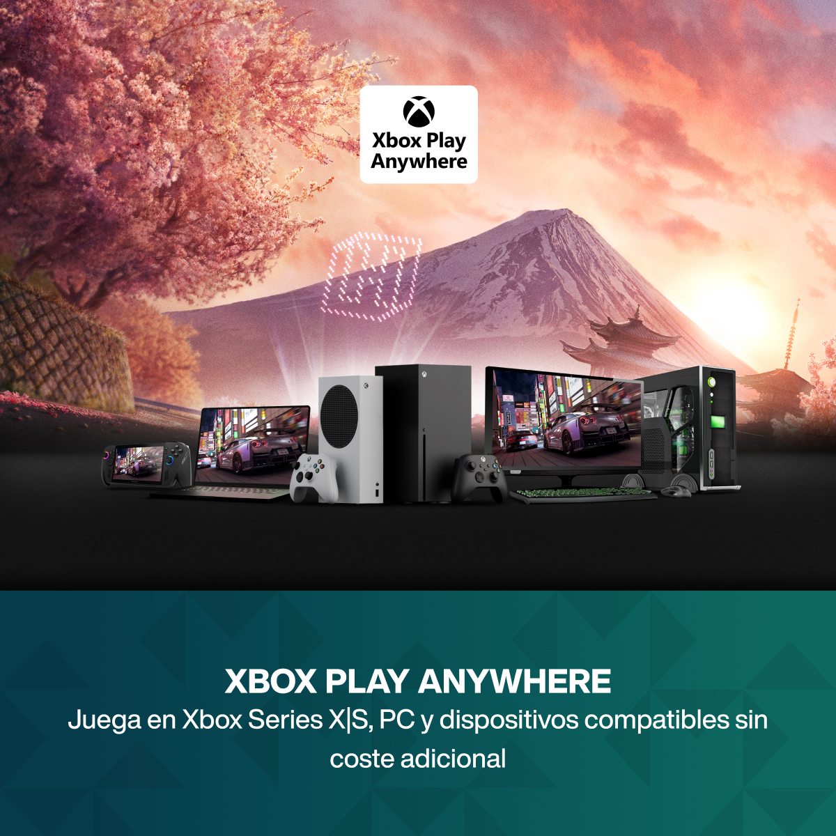 Dispositivos Xbox y un PC frente a una montaña al atardecer.