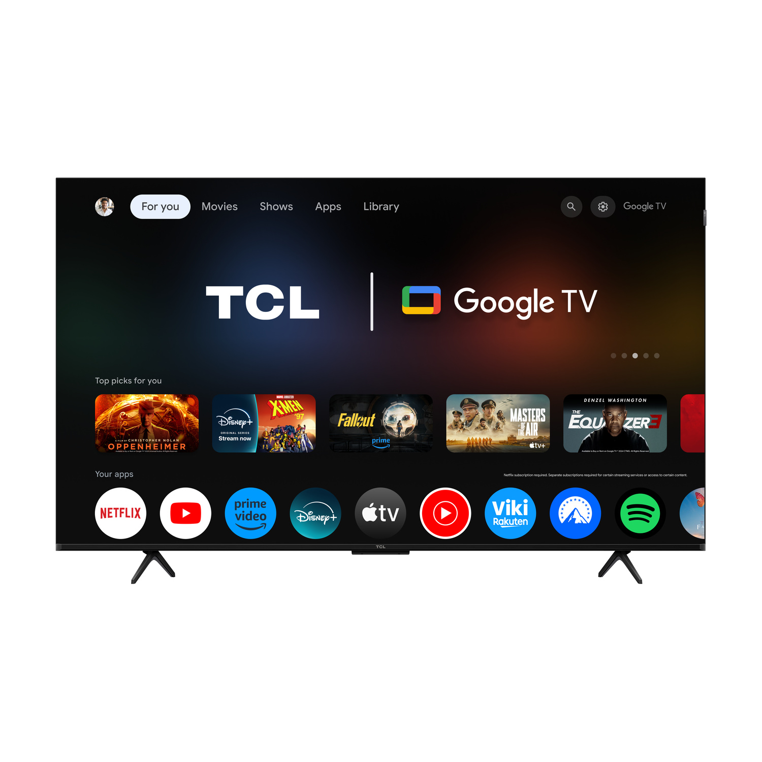 Schermata principale TCL Google TV con poster di film e icone di app come Netflix.