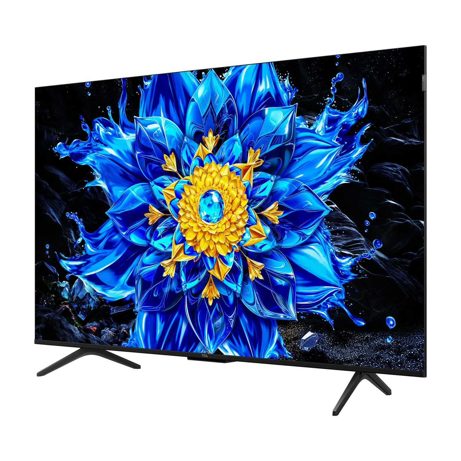 Una TV moderna mostra un'immagine floreale astratta blu e gialla vibrante con schizzi d'acqua.