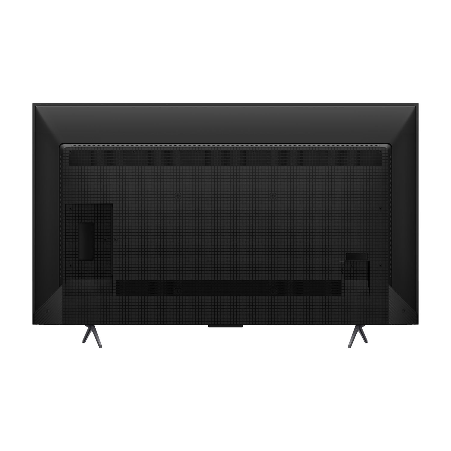 Retro di una TV nera con piedini argentati su sfondo bianco.
