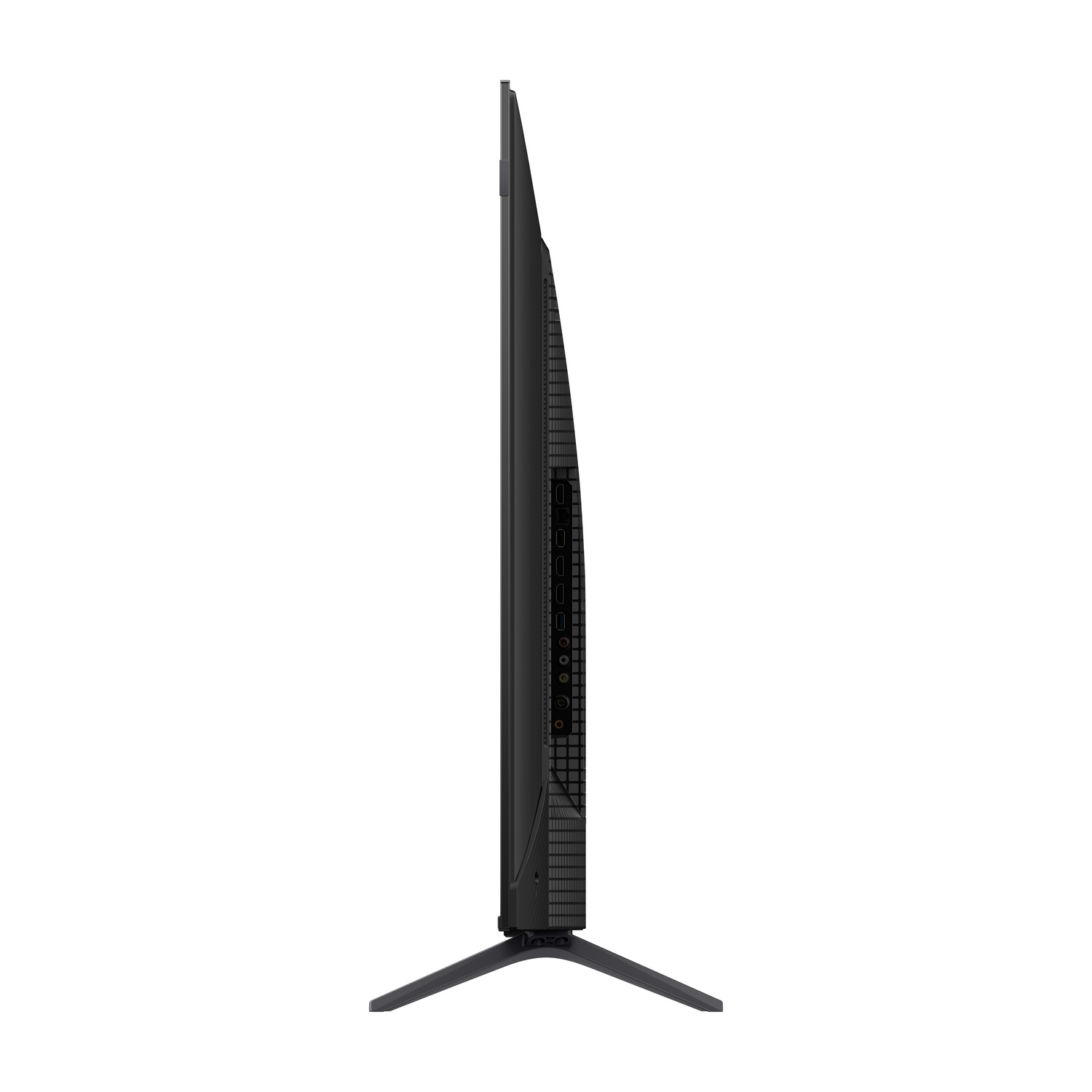 Vista laterale di una TV a schermo piatto nera con supporto sottile.