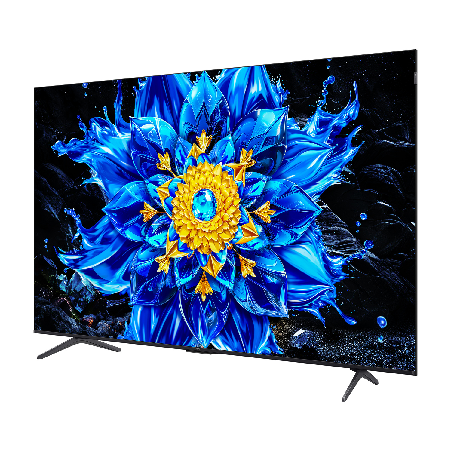 Una TV moderna mostra un'immagine vibrante di un fiore blu e giallo.