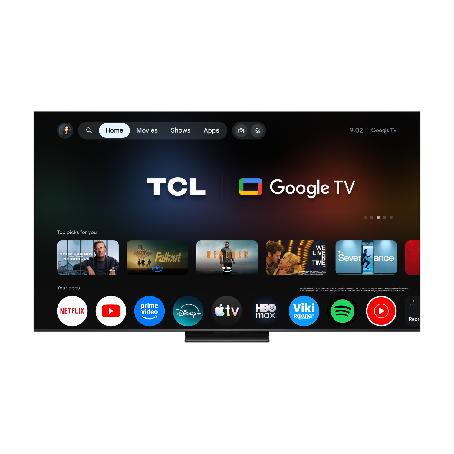 Interfaccia TCL Google TV che mostra app come Netflix, YouTube, Prime Video, Disney+, Apple TV+, HBO Max, Viki, Spotify e YouTube.