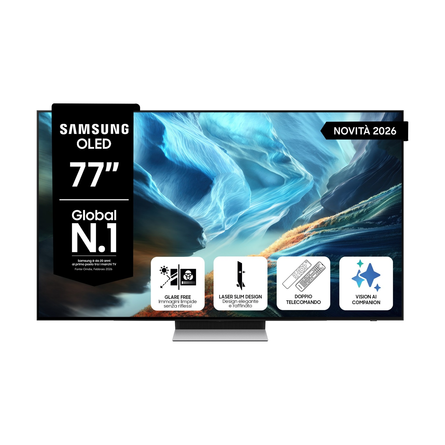 Un TV OLED Samsung da 77 pollici con design sottile e doppio telecomando.