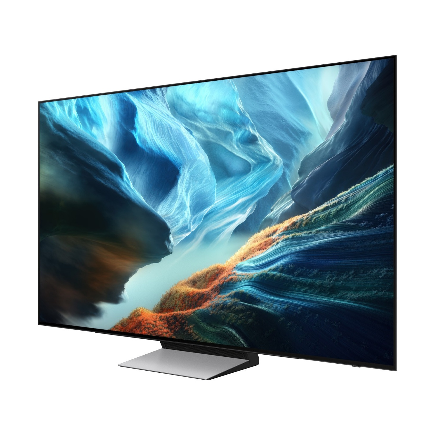 Una TV moderna con un'immagine astratta e vibrante in tonalità blu e arancioni.