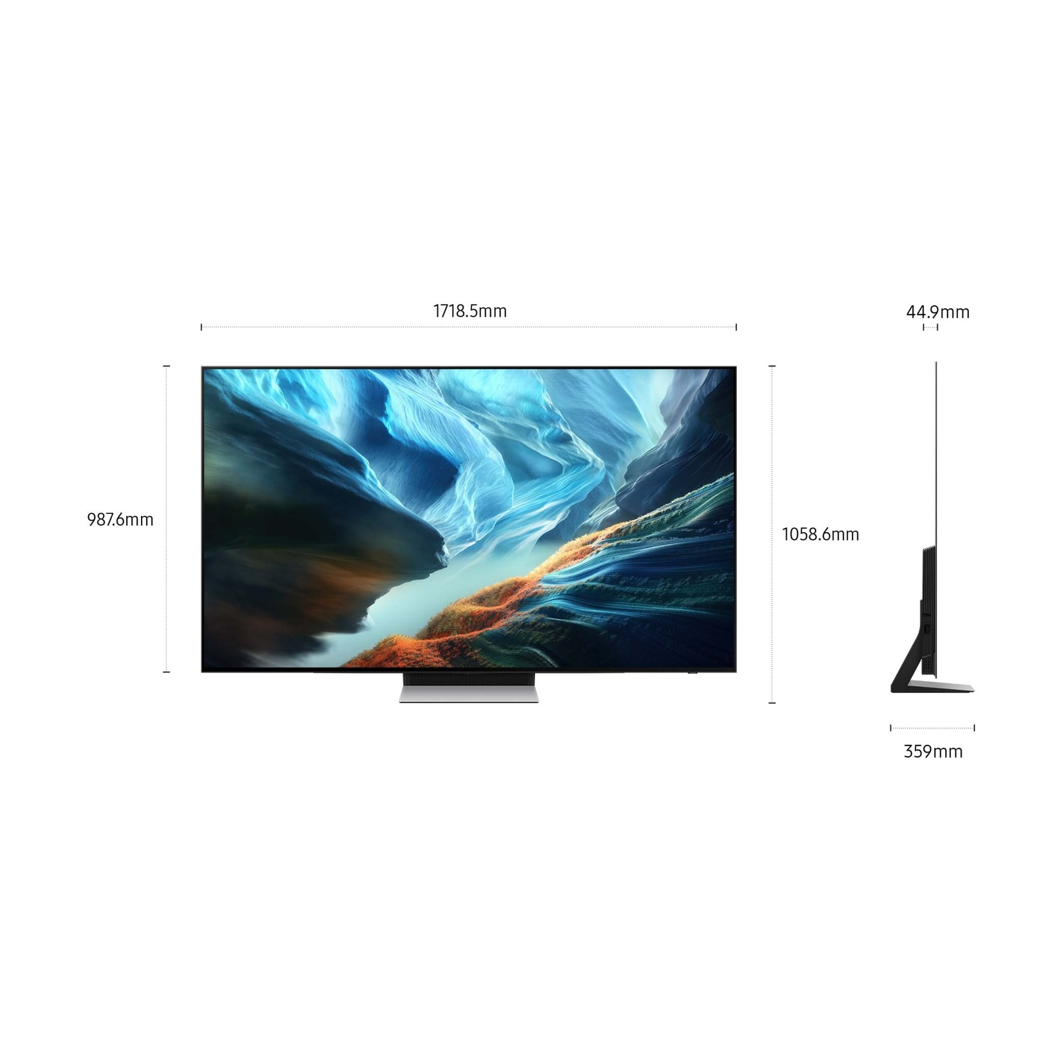Una TV moderna con immagine blu e arancione, con dimensioni indicate.