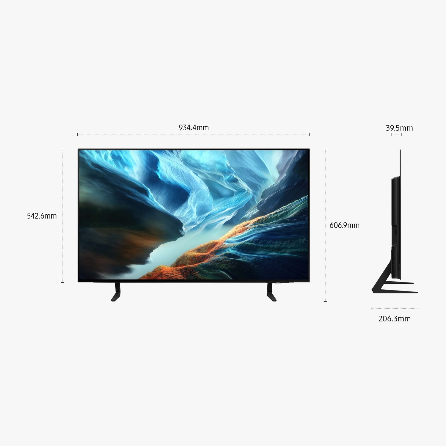 Un televisore moderno con un display mozzafiato e dimensioni dettagliate.