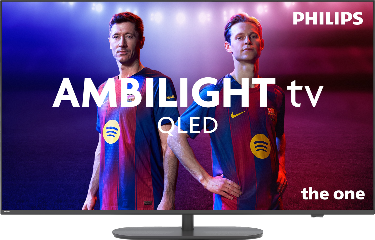 Deux footballeurs en maillot du Barça côte à côte. Philips Ambilight OLED.