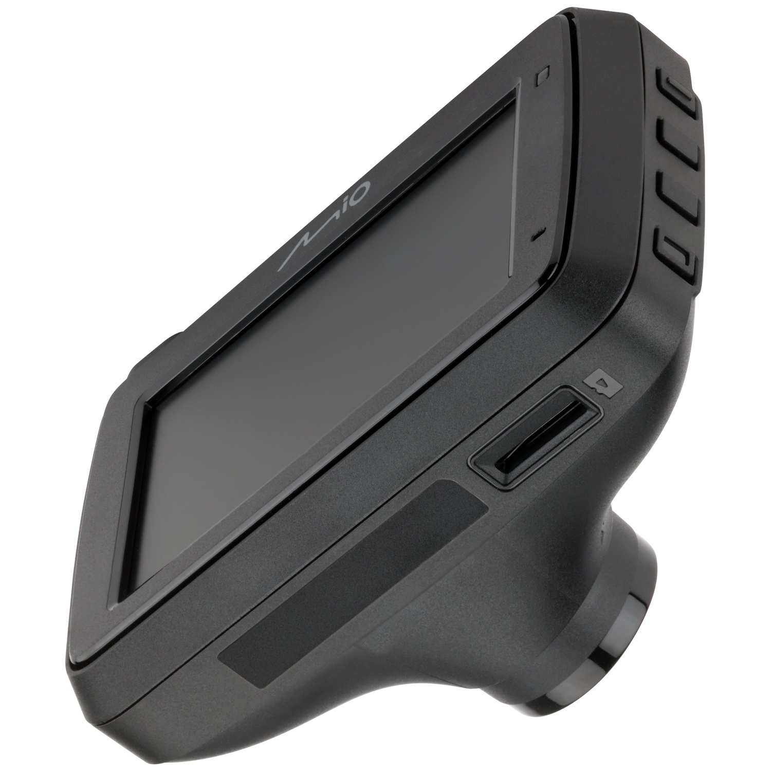 Zwarte dashcam recorder met scherm en knoppen.