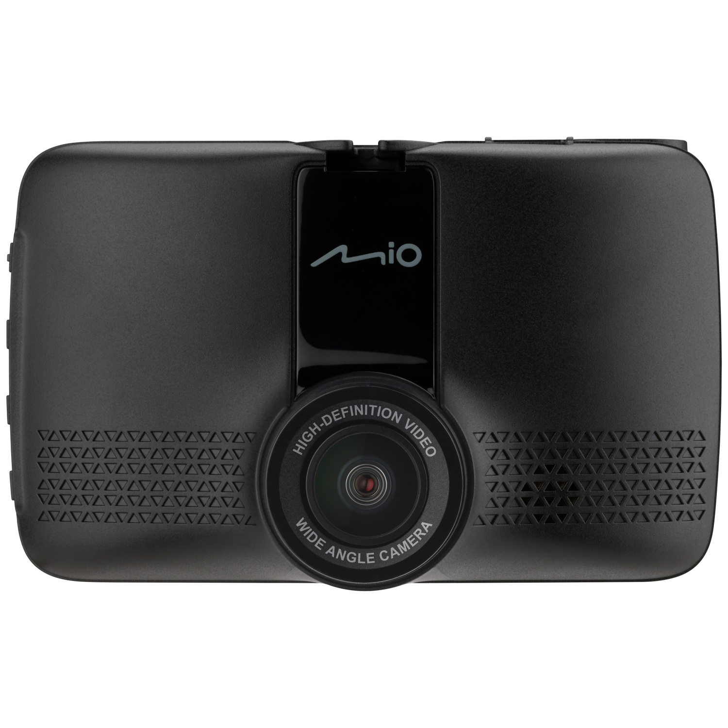 Zwarte dashcam met 'Mio' logo en groothoeklens.