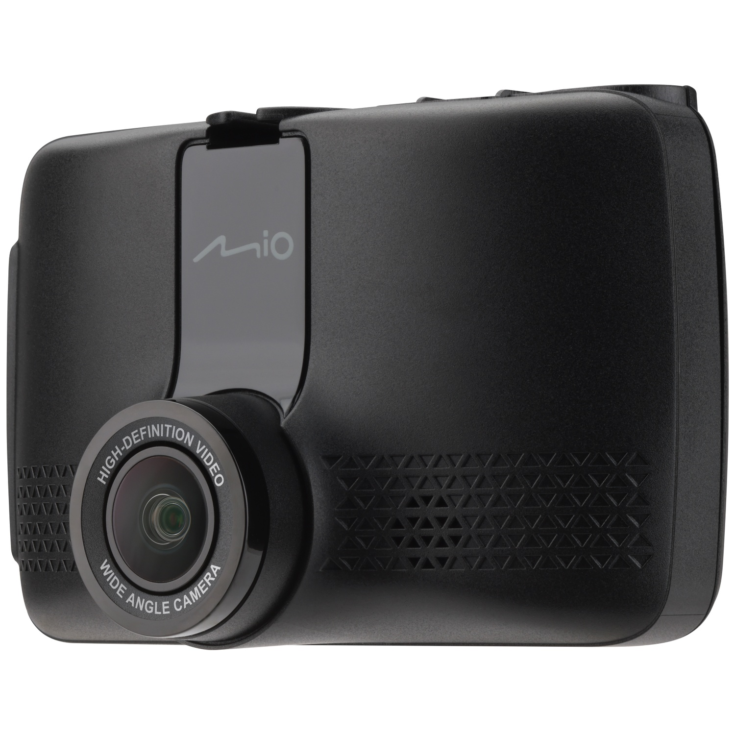 Zwarte Mio dashcam met groothoeklens en gestructureerde zijpanelen.