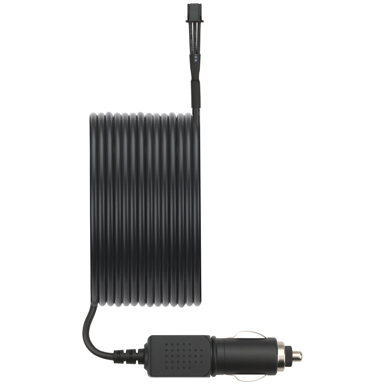 Zwarte spiraalkabel met auto-oplader en connector, op witte achtergrond.