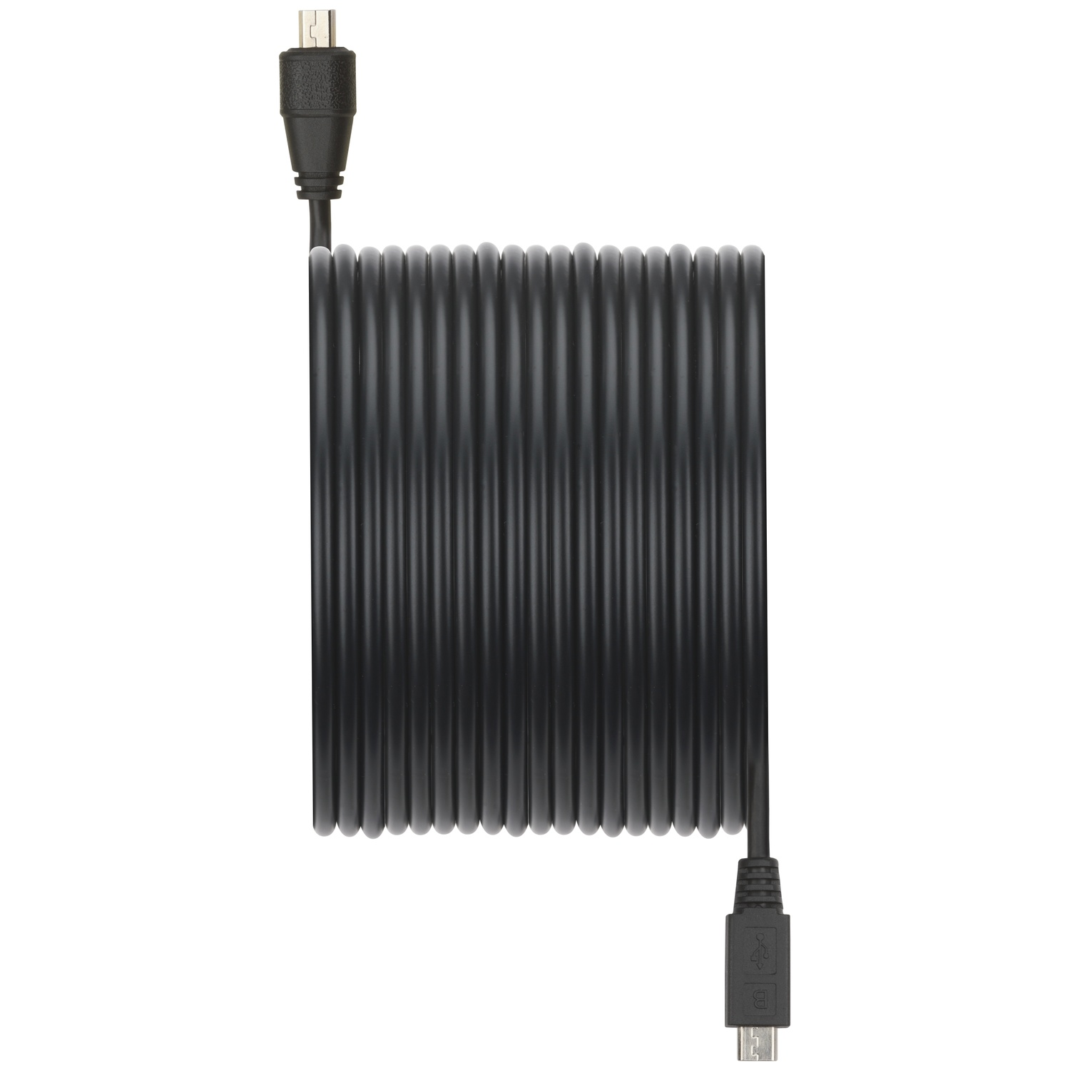 Een zwarte, opgerolde USB-kabel met aan beide uiteinden een micro-USB-connector op wit.