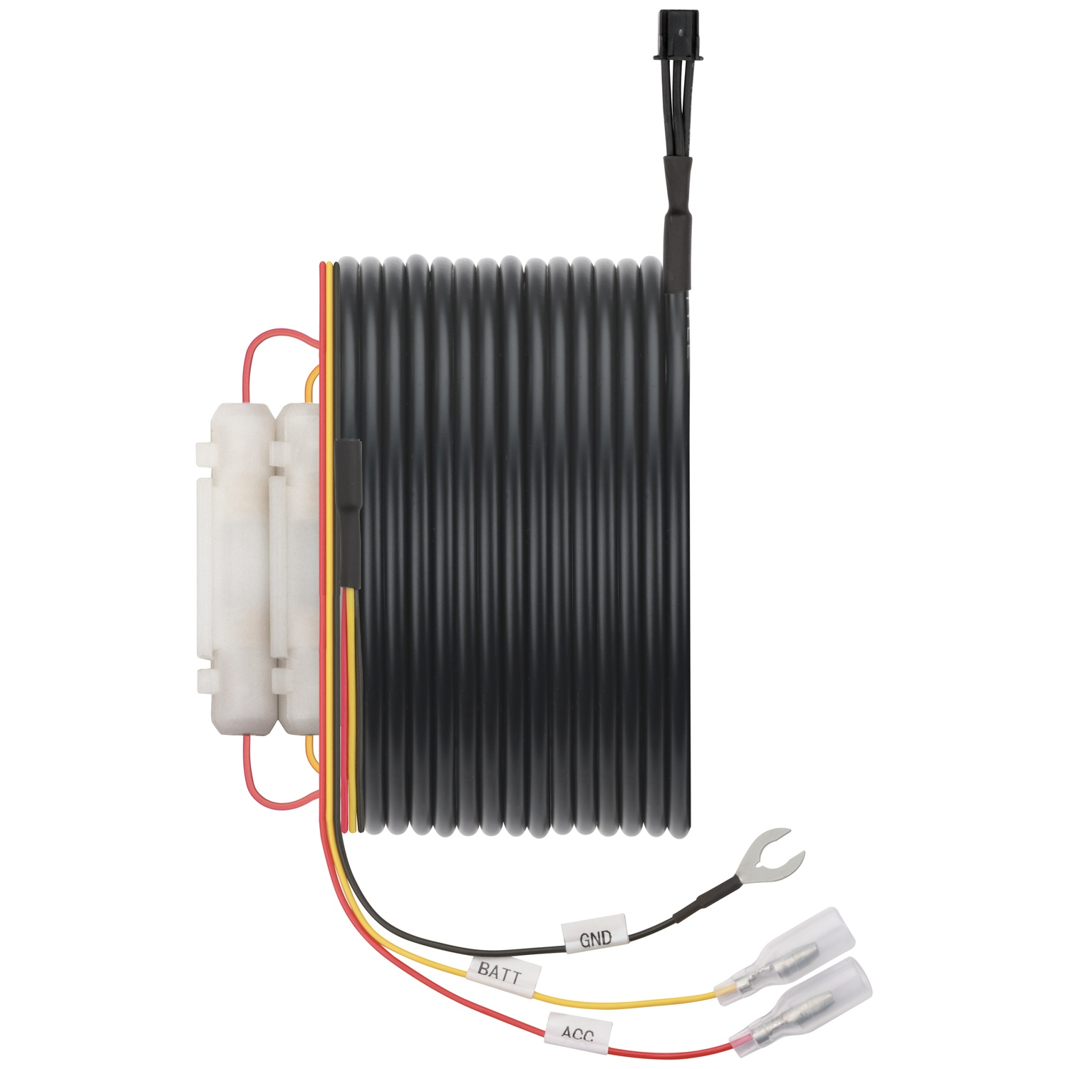 Zwarte kabel met connectoren, BATT, GND, ACC labels en witte terminals.