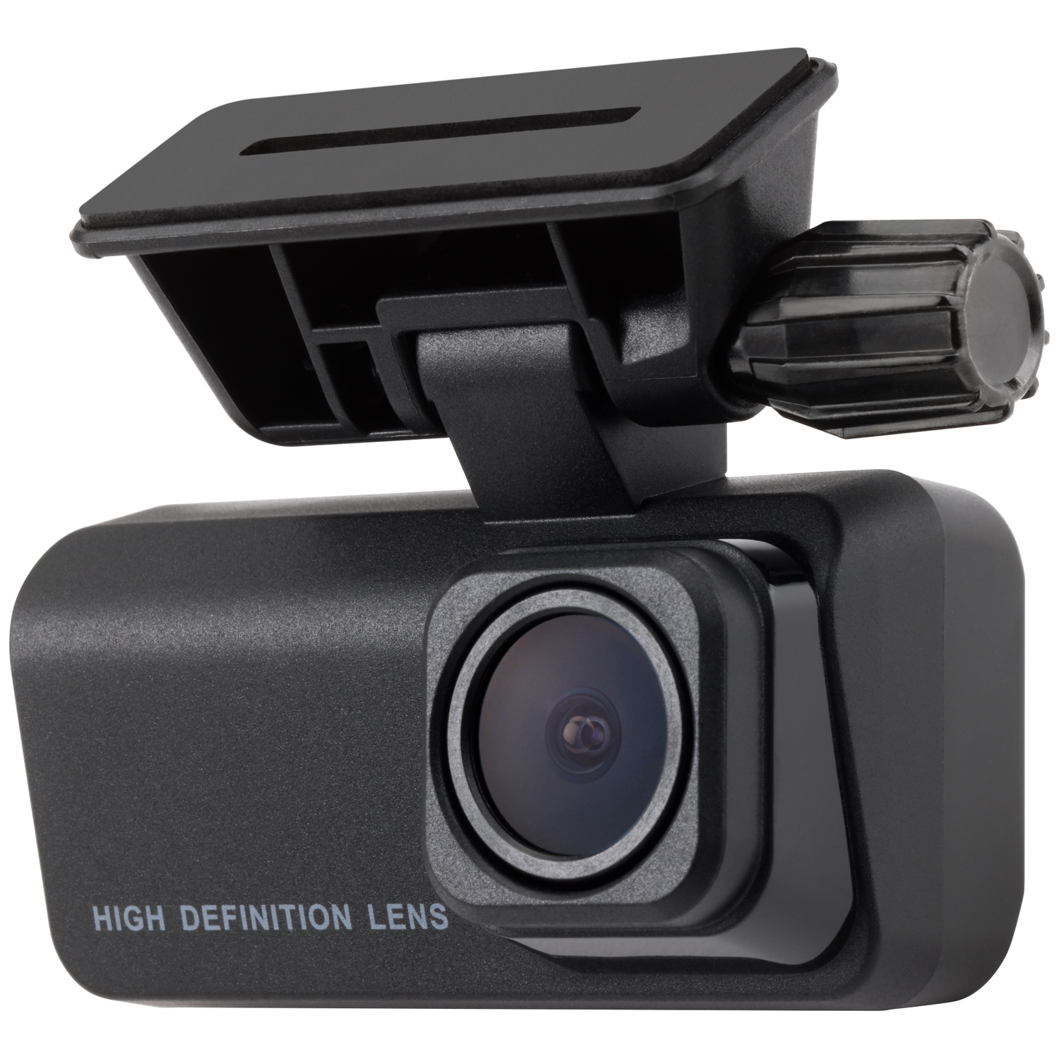 Zwarte dashcam met verstelbare arm en knop. Hoge definitie lens.