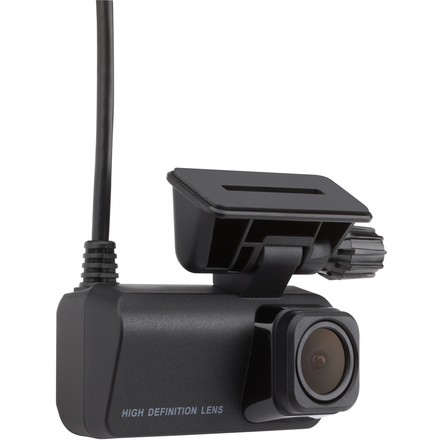 Een zwarte dashcamlens met 'high definition lens' tekst en een kabel.