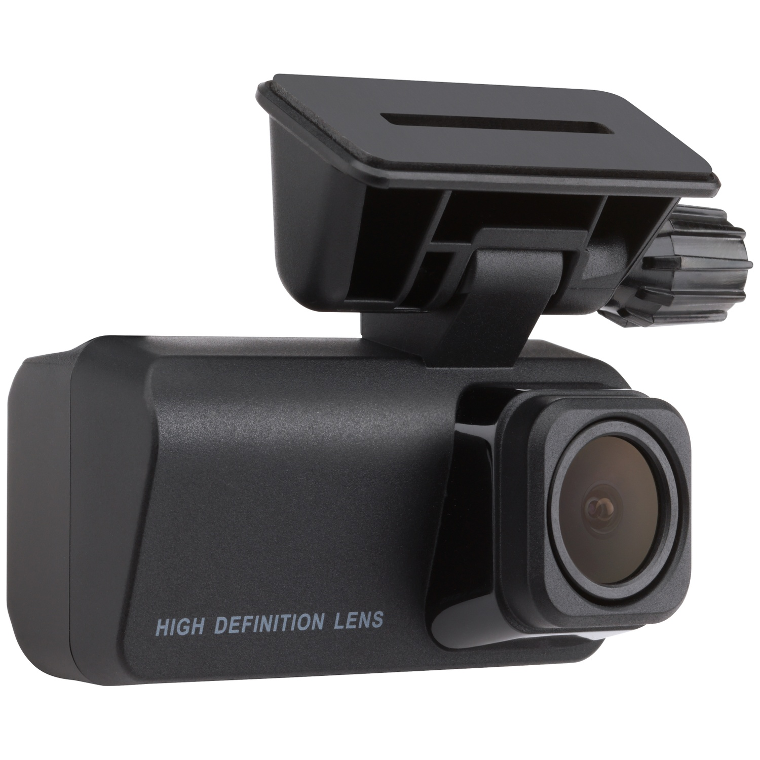 Zwart getinte camera aan de voorzijde met montagebeugel en kartelschroef.