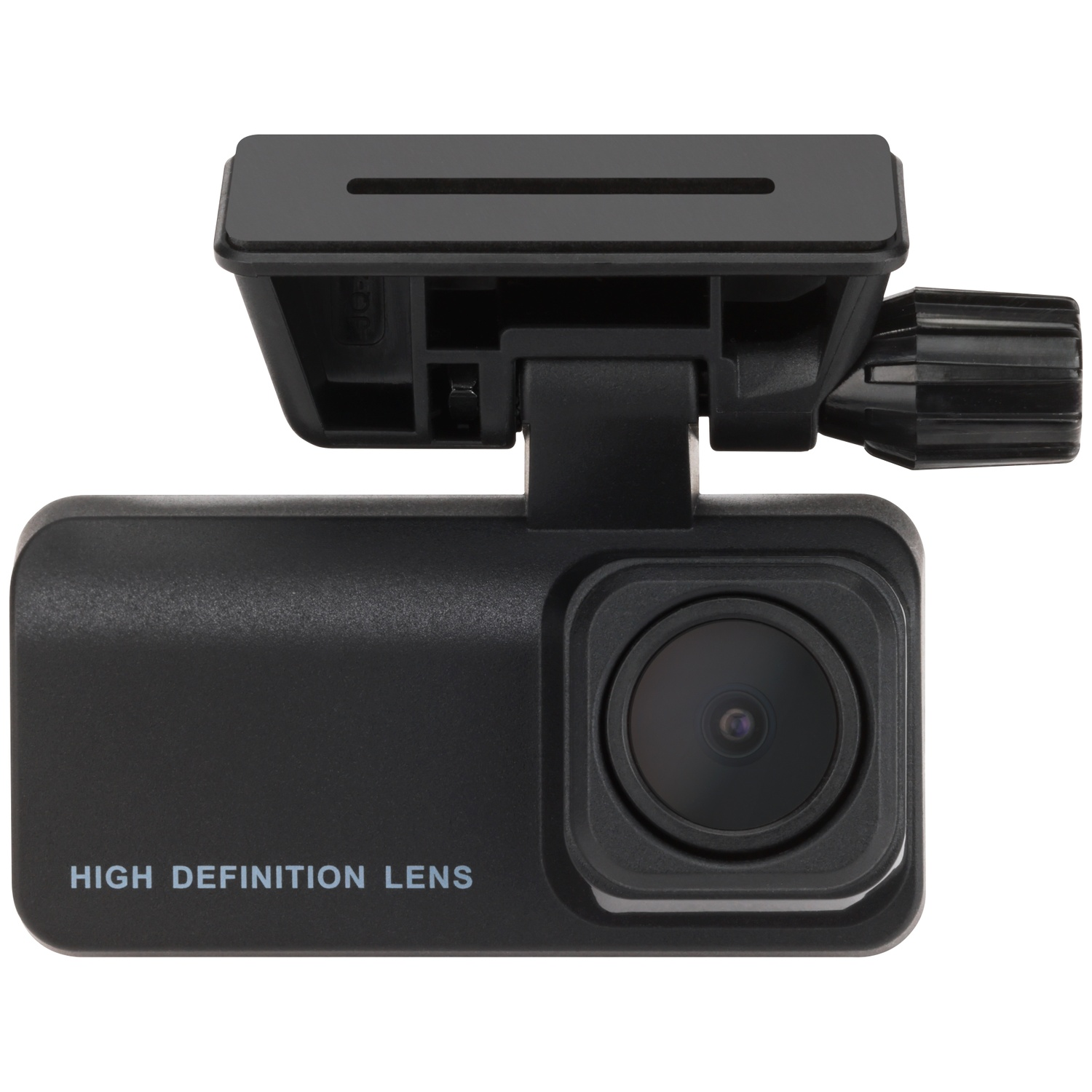 Zwarte glanzende dashcam met HD-lens en verstelbare houder.