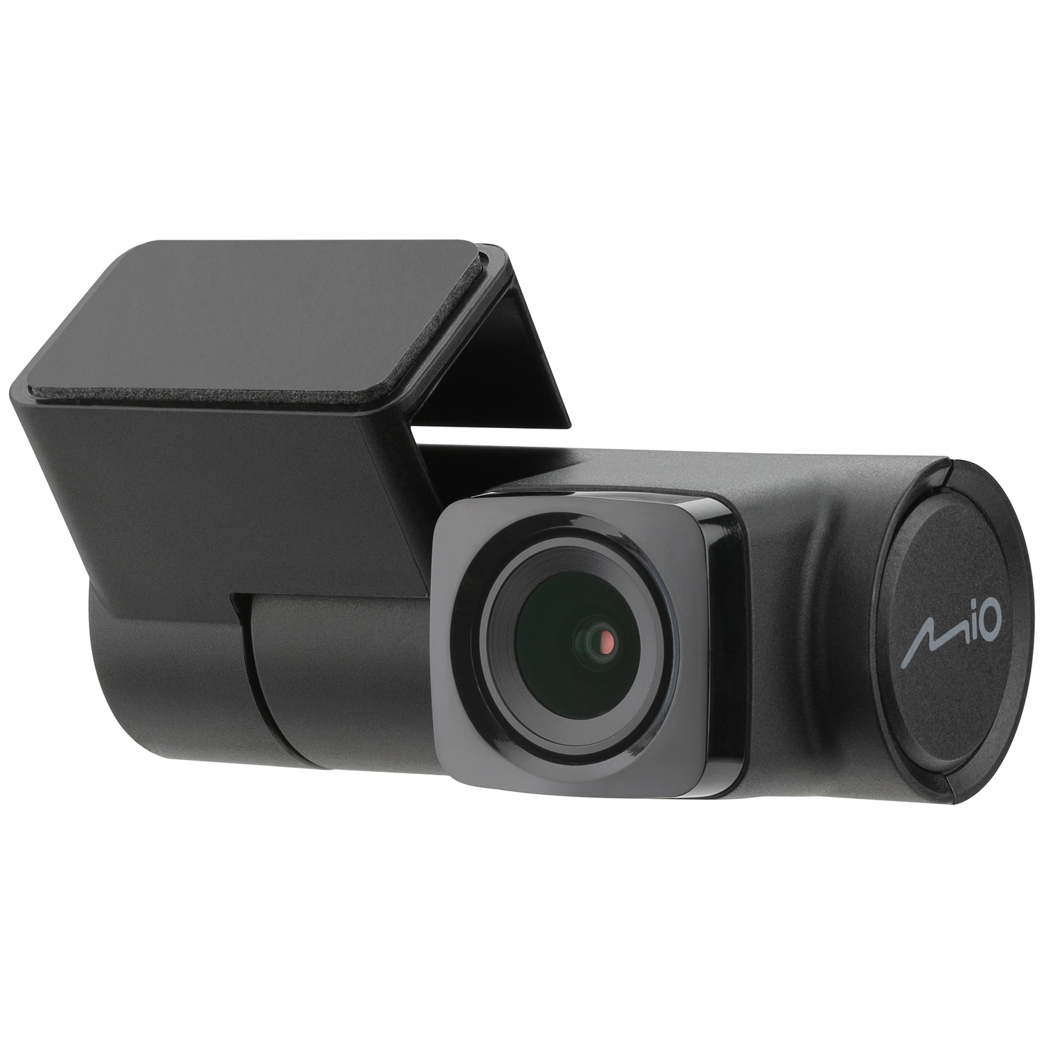 Zwarte dashcam recorder met lens en "Mio" logo, op witte achtergrond.
