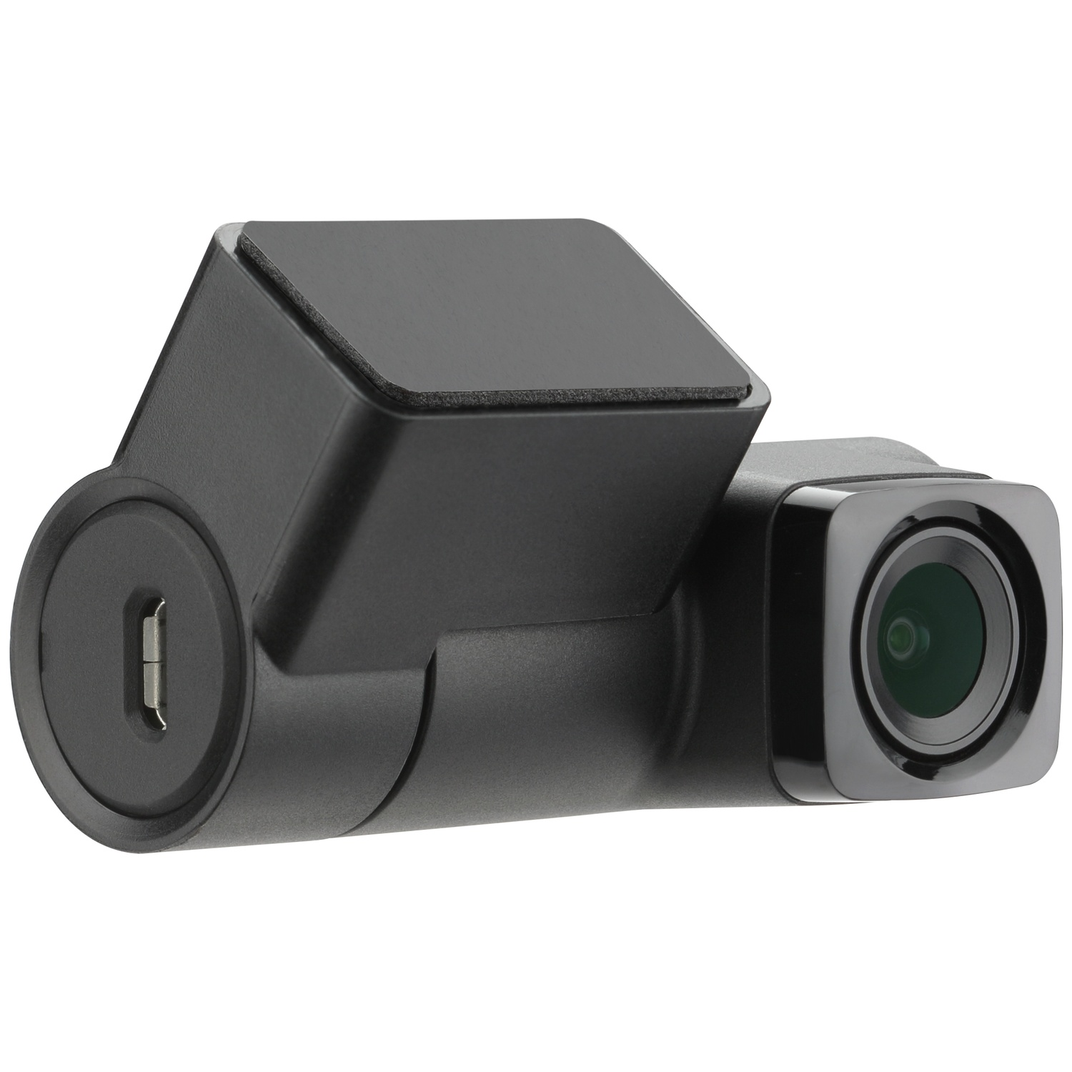Zwarte, compacte dashcam-kubus met lens en USB-poort.