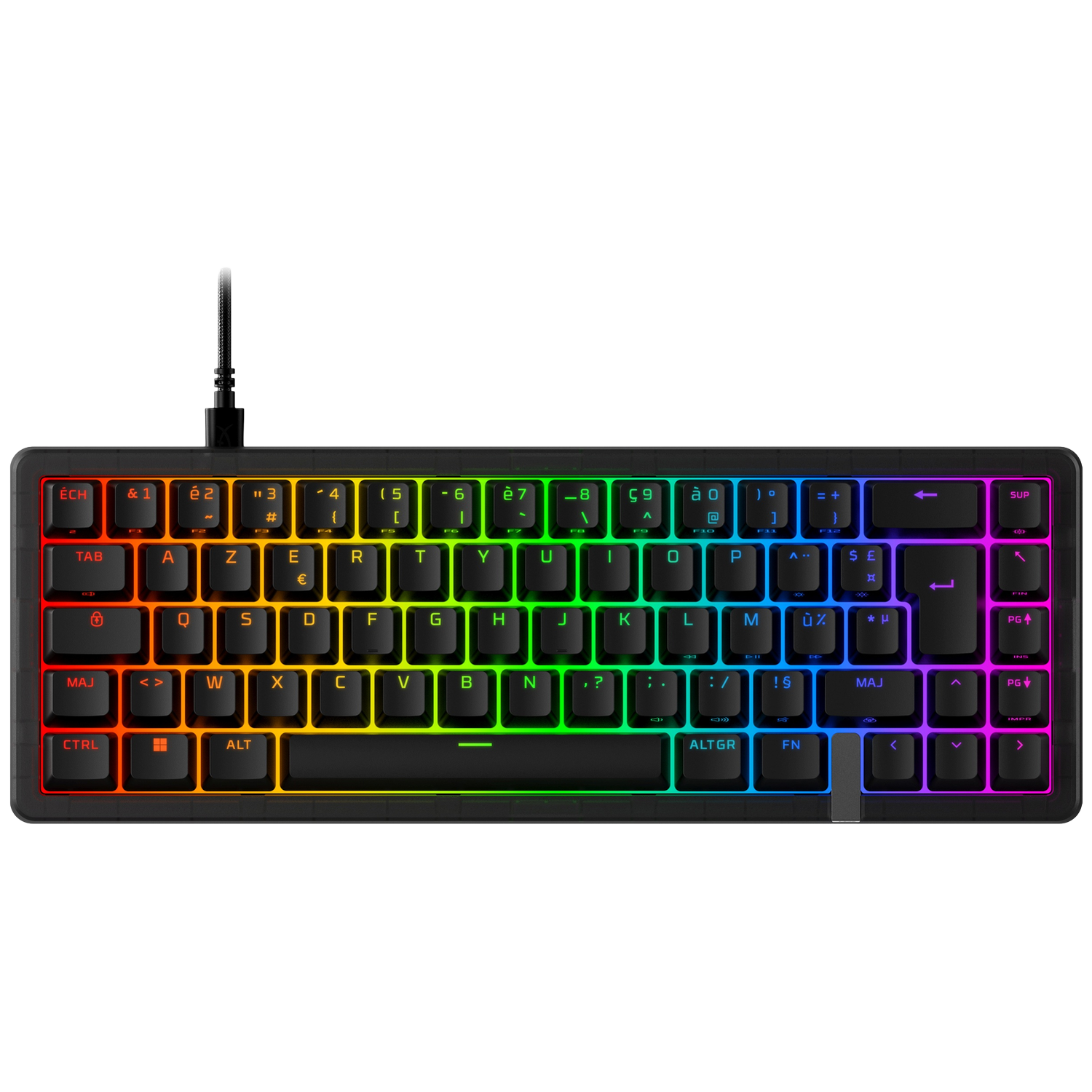 Een compact, zwart-grijs toetsenbord met RGB-verlichting en Franse toetsen.