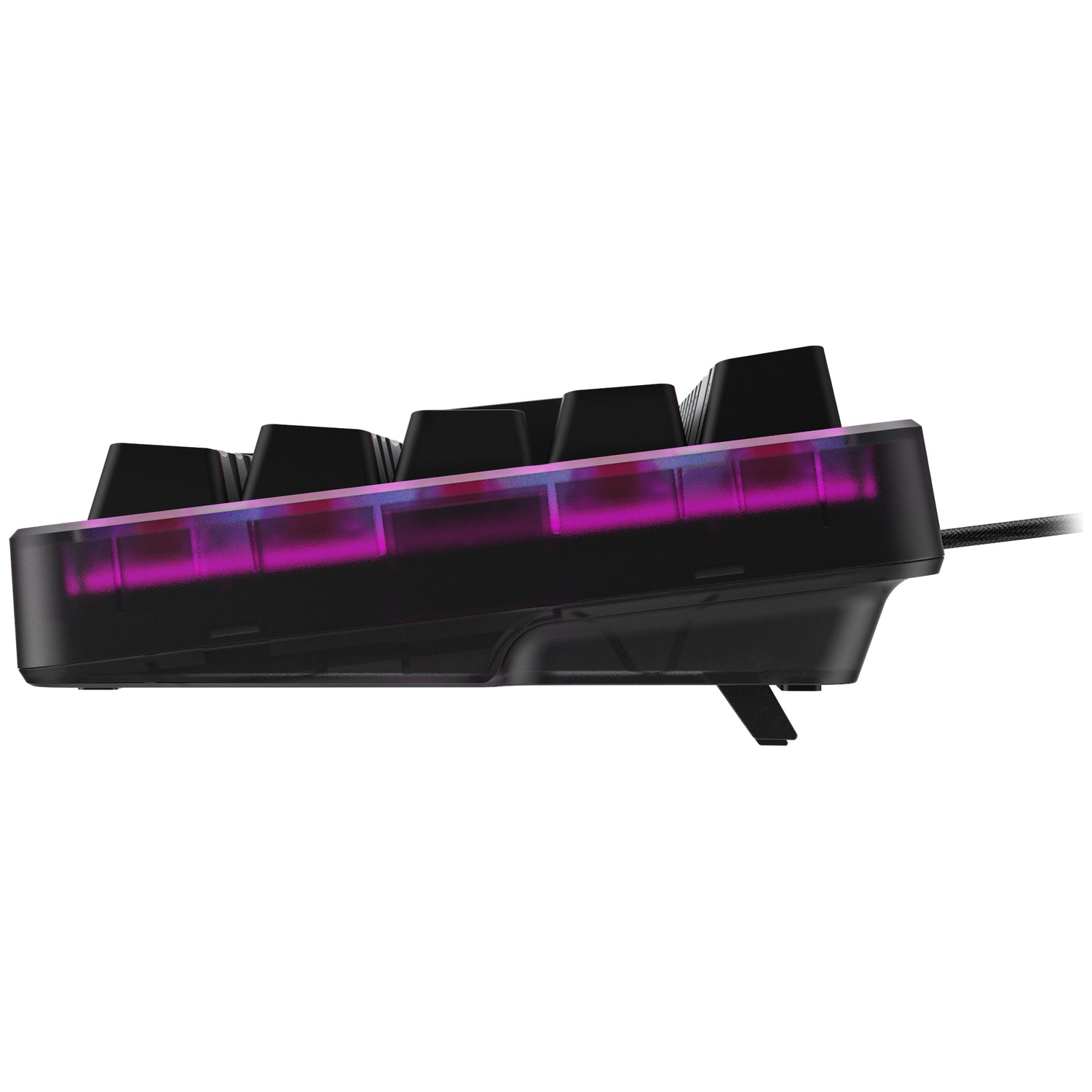 Zwart toetsenbord met paarse achtergrondverlichting, zijaanzicht.