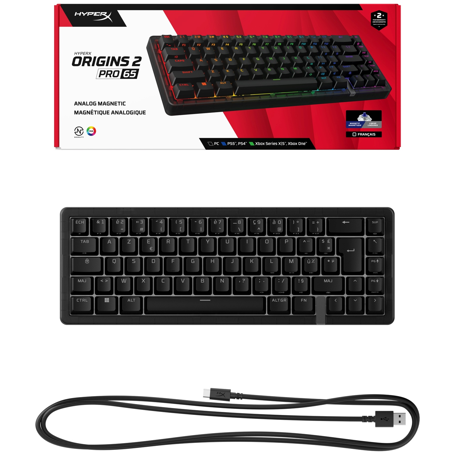 HyperX Origins 65 toetsenbord met RGB-verlichting en USB-C-kabel.