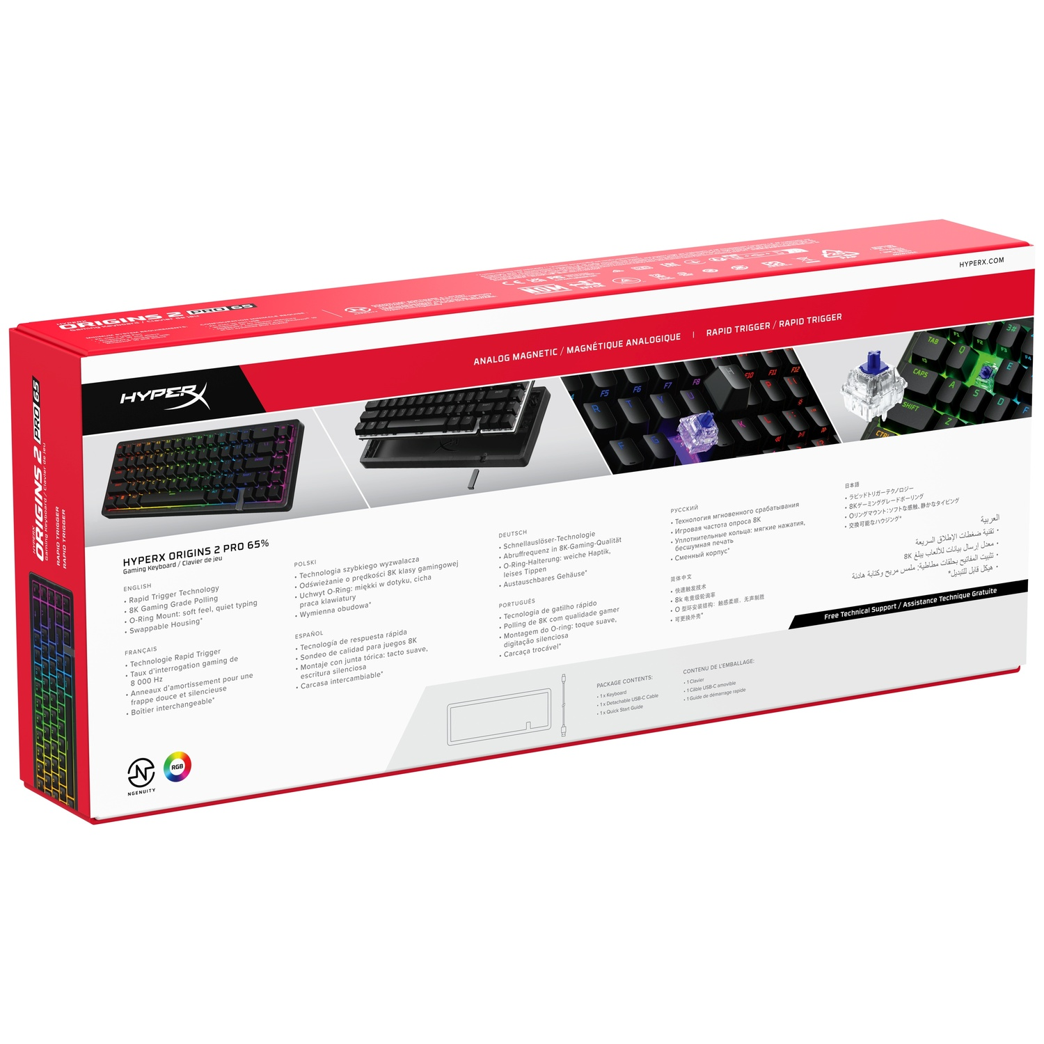 Verpakking van een HyperX gamingtoetsenbord met technische details in meerdere talen.