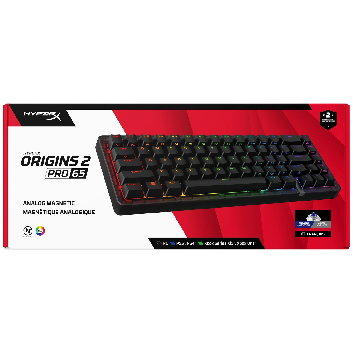 HyperX Origins 65 toetsenbord verpakking met toetsenbord en productdetails.