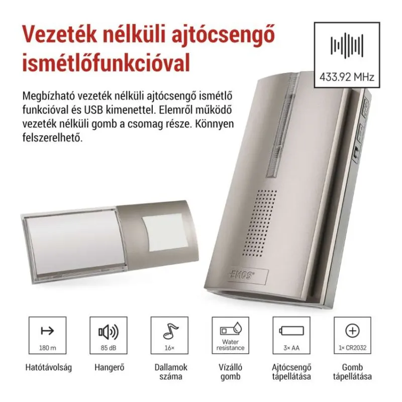 Vezeték nélküli csengő ismétlővel, 180m hatótáv, 85dB, 16 dallam.