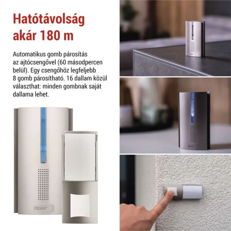 Ezüst csengő és vevőegység kék fényekkel.
