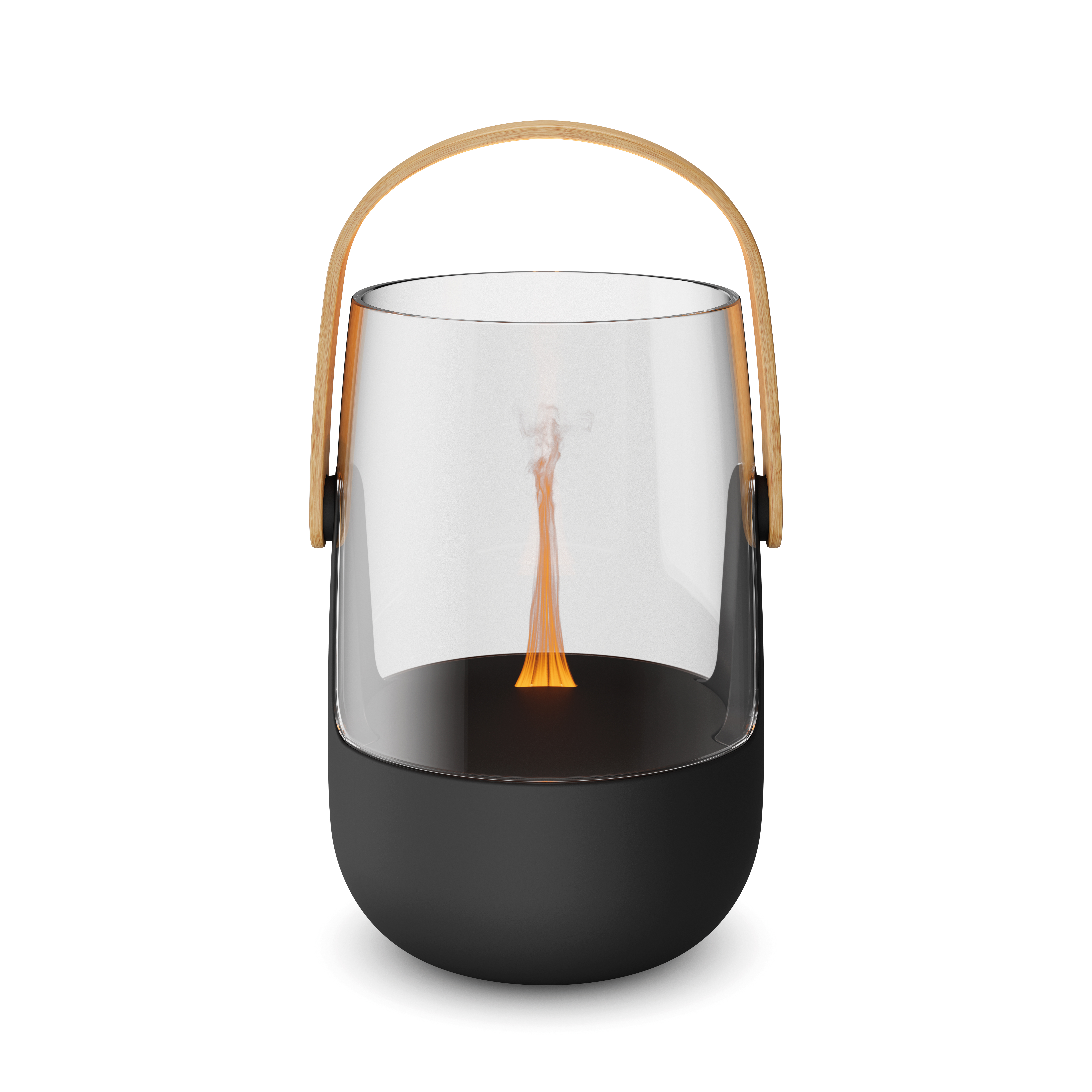Schwarze Laterne mit Glaszylinder und Holzgriff, Flamme brennt.