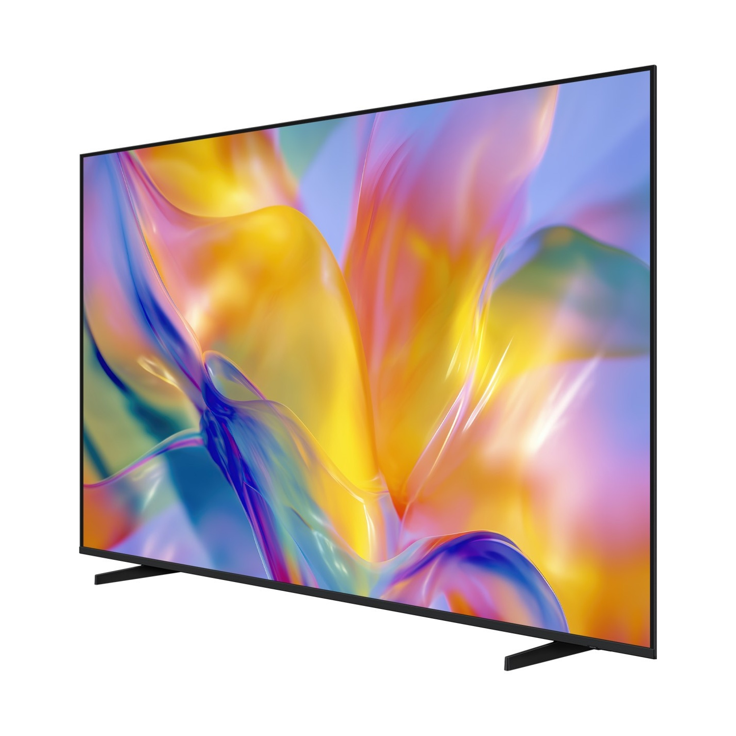 Un televisore nero e sottile che mostra un'immagine astratta e colorata sullo schermo.