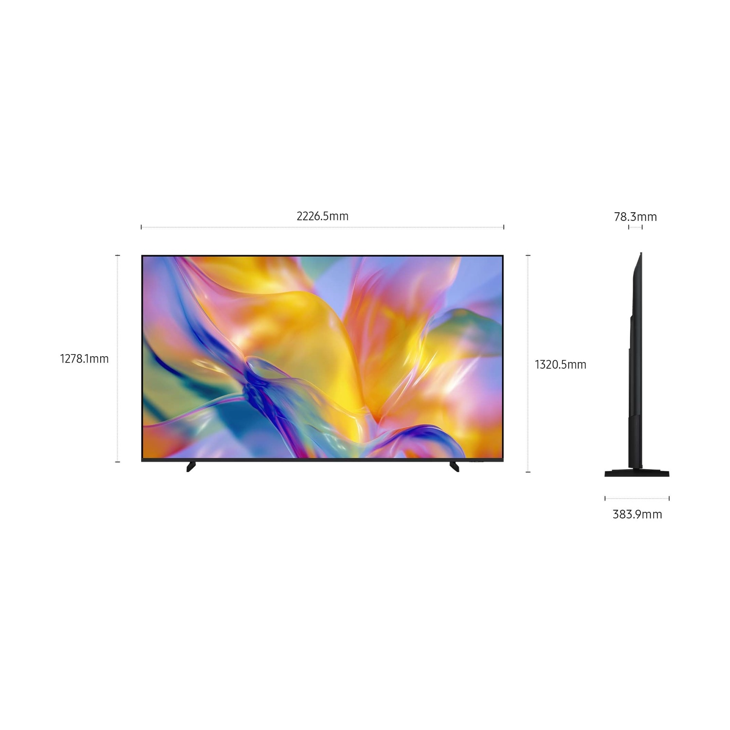 Una grande TV con immagine colorata e dimensioni indicate.