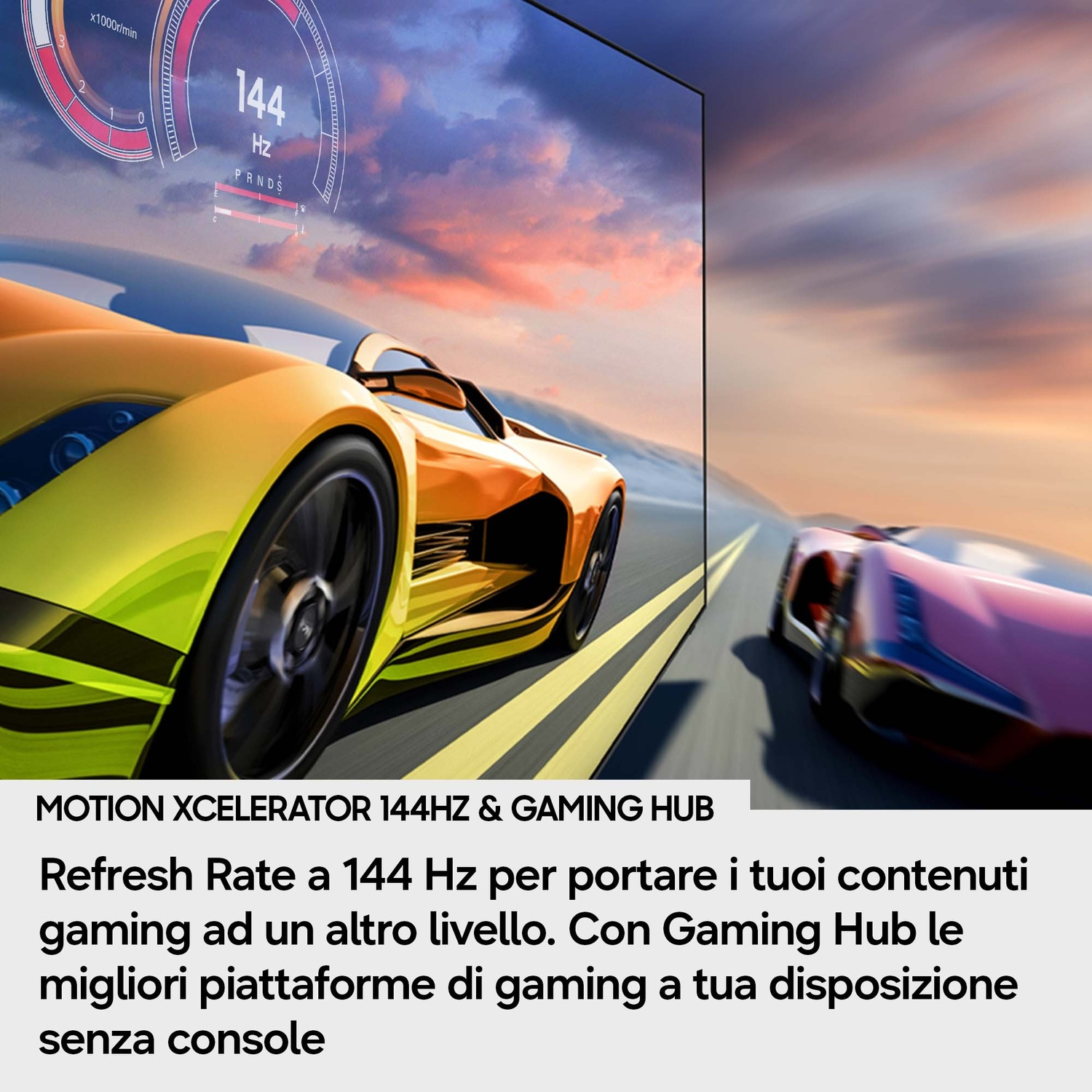 Auto da corsa gialla e un'altra su una pista. Il cruscotto mostra 144 Hz.