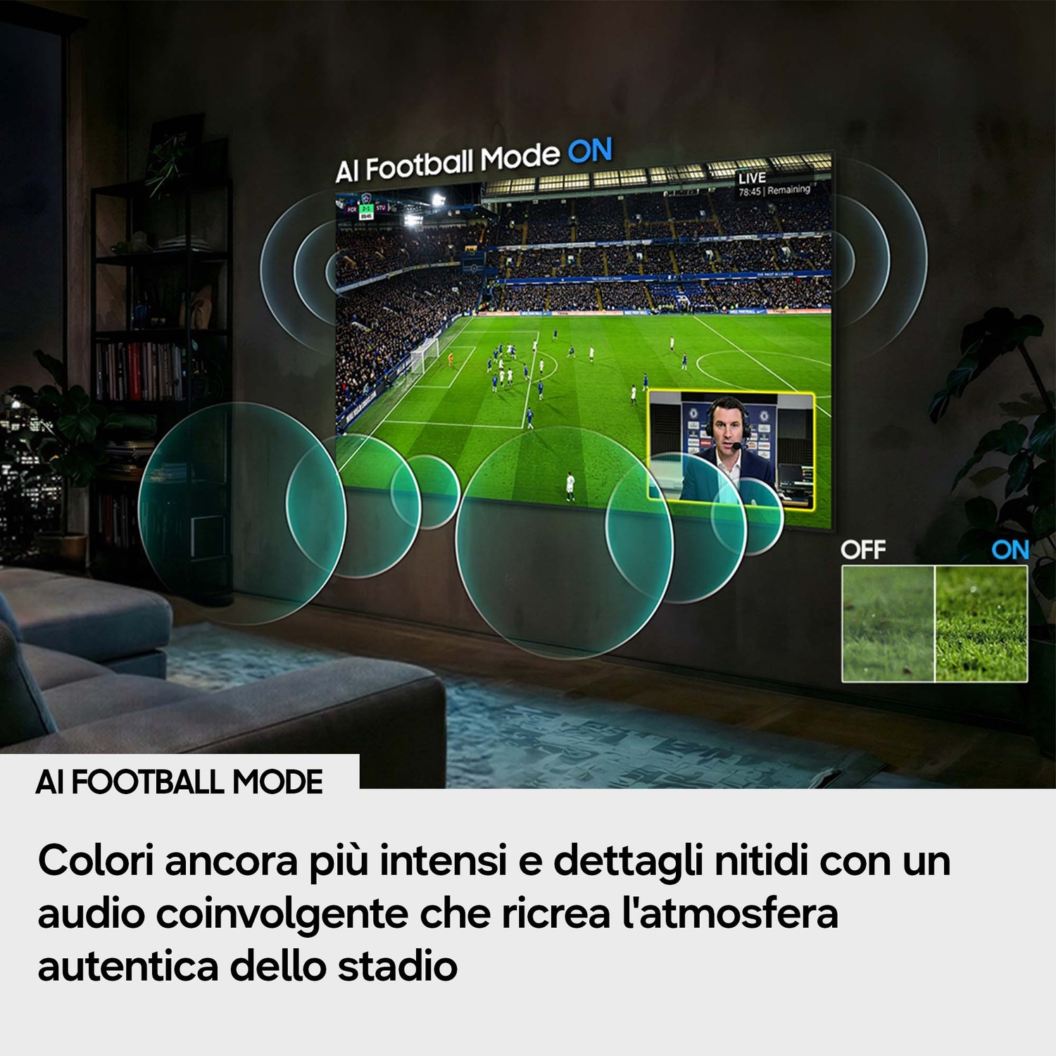 Una partita di calcio è mostrata su una TV, con modalità calcio AI ON e un commentatore.