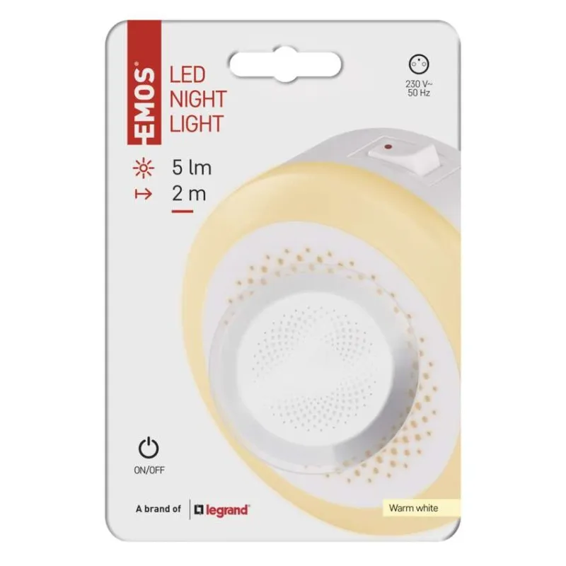 EMOS melegfehér LED-es éjszakai lámpa csomagolása, 5 lm, 2 m hatótáv.