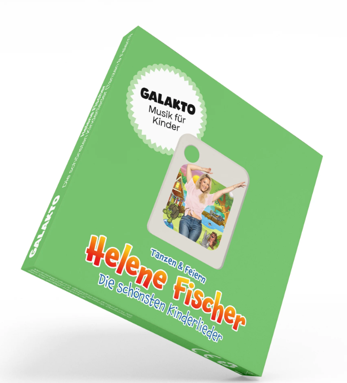 Grüne CD-Hülle mit Helene Fischer und Kinderliedern. Enthält GALAKTO-Logo.