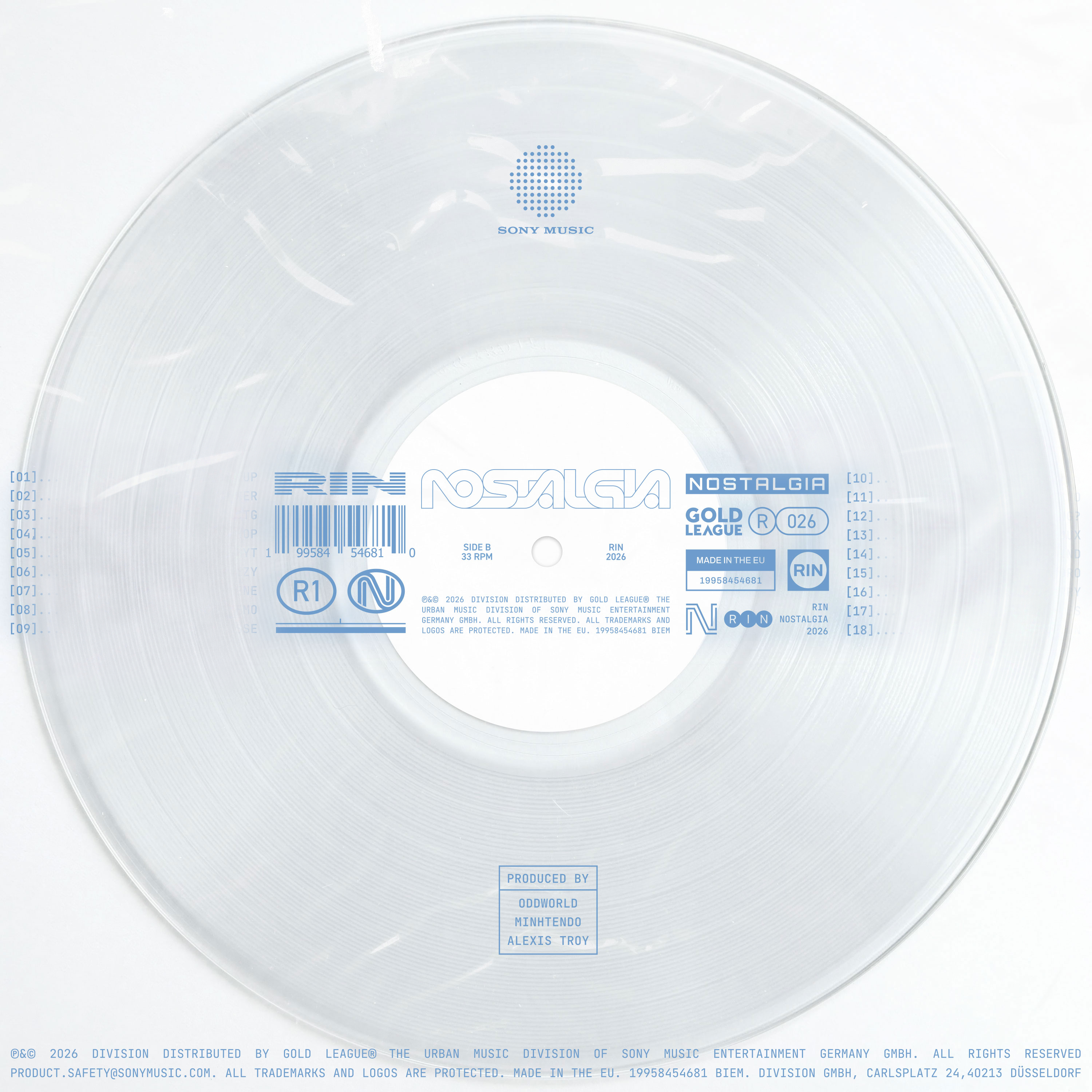 Eine transparente Schallplatte mit blauen Texten und Logos, 'Nostalgia' und 'Gold League'.